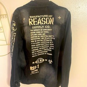 reason Mulberry moto Denim Biker Men Gray Jacket ,large, RSN-1 Apollo X mission.
